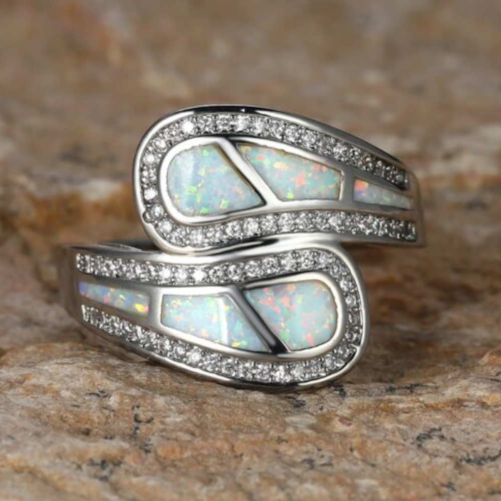 Silver tone Opal Rhinestone Ring